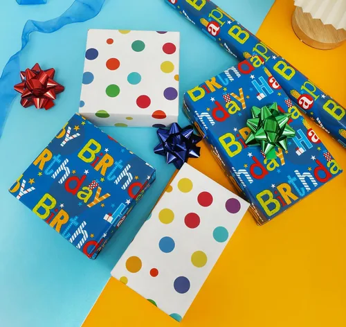 Vista 4 de U'COVER Rollo de papel de regalo reversible de feliz cumpleaños para niños y niñas, diseño de lunares, papel de regalo para mujeres, hombres, baby
