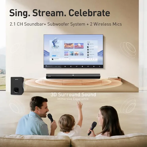 Vista 2 de Barra de sonido con subwoofer para TV, sistema de altavoces Bluetooth 5.3 con 2 micrófonos inalámbricos de karaoke, audio de sonido envolvente