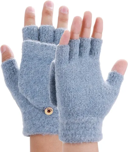 Vista 26 de THINP Guantes sin dedos para mujeres y hombres, guantes de invierno, guantes de lana cálida de punto sin dedos con tapa, guantes convertibles