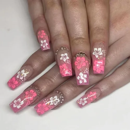Vista 8 de MISUD Uñas a presión – Uñas cuadradas largas con pegamento rosa y negro, acrílico Y2K diseño de dijes de 24 piezas