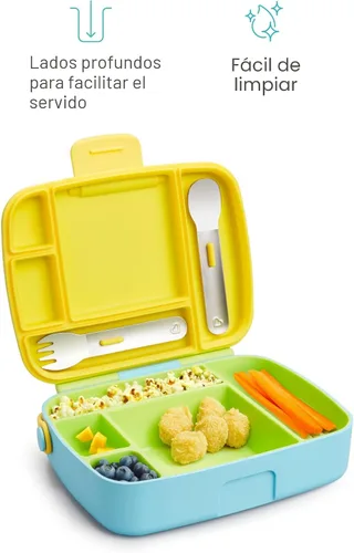 Vista 4 de Munchkin - Lonchera Bento para niños y bebés, incluye utensilios de acero inoxidable, sin BPA, para 18 meses en adelante, Azul/Verde/Amarillo