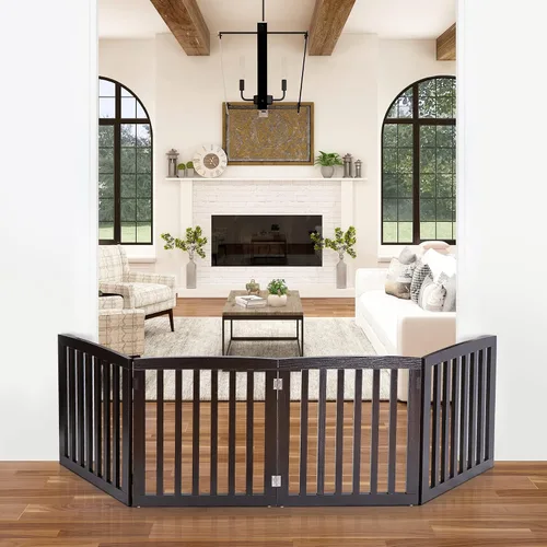 Vista 2 de Puerta para perros para mascotas, para interiores, para escaleras, puertas, 82 x 24 pulgadas, 4 paneles, valla para perros, extra ancha, de madera