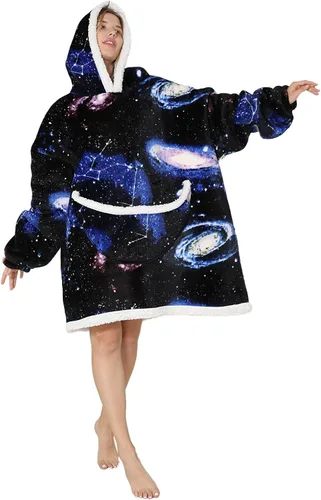 Vista 3 de Manta con capucha, sudadera de gran tamaño para adultos, mujeres y hombres, hecha de franela muy suave y cálida, con bolsillo y mangas