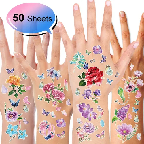 Vista 6 de Konsait 50 hojas de tatuajes temporales de flores para mujeres, adolescentes y niñas, pequeño tatuaje temporal para adultos, impermeable, arte
