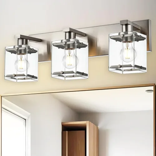 Vista 9 de Iluminación de aplique de pared de 2 luces con base de bombilla E26, lámpara de tocador de baño moderna de níquel cepillado para sobre espejo