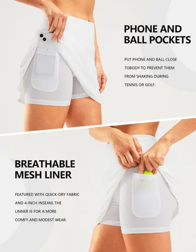 Vista 4 de SANTINY Falda pantalón de golf de 16 pulgadas para mujer, bolsillos con cremallera, falda de tenis de cintura alta para mujer, falda deportiva