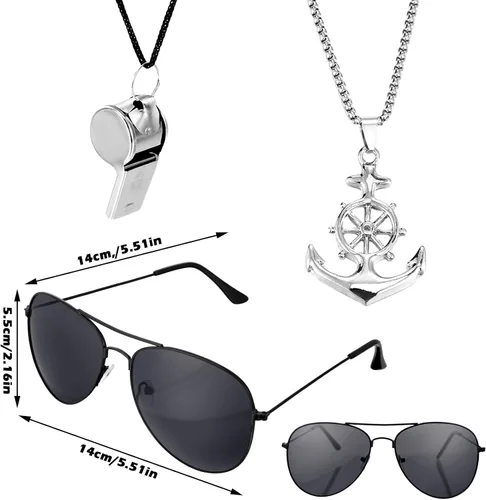 Vista 4 de Mepase Conjunto de accesorios de disfraz de capitán marinero de yate de Halloween, sombrero de marinero con gafas de sol y accesorios de capitán