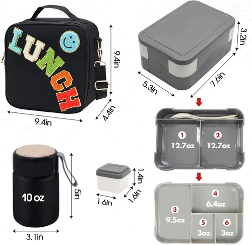Vista 4 de Bolsa de almuerzo aislada para niños y niñas con termo de 10 onzas, con caja Bento de 6 compartimentos, lonchera de nailon negro preppy con correa