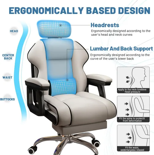 Vista 3 de Silla ejecutiva para computadora, silla de escritorio para oficina en casa, ángulo ajustable, ergonómica, de altura ajustable, sillas de piel Blanco
