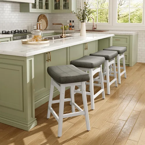 Vista 7 de MAISON ARTS - Juego de 4 taburetes de bar blancos de altura de mostrador para encimera de cocina con patas de madera maciza y asiento de cuero Cojín