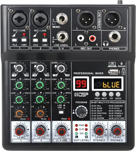 Vista 13 de Mezclador de Audio de 4 Canales, Mezclador DJ con Amplificador de Potencia, Tarjeta de Sonido de Audio con Alimentación Fantasma de 48V, Interfaz