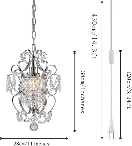 Vista 2 de Candelabro enchufable mini lámpara cromada 1 lámpara elegante lámpara de techo de hierro de cristal para dormitorio, baño, comedor, sala de estar