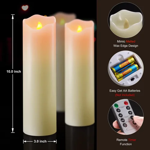 Vista 4 de PChero Velas parpadeantes sin llama de 10 x 3 pulgadas con control remoto y temporizadores, velas LED de cera real que funcionan con pilas, juego