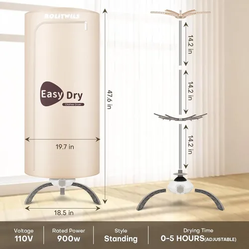 Vista 4 de Secadora de ropa portátil de 900 W – Minisecadora compacta para apartamentos pequeños, secadora de ropa eléctrica de secado rápido con gran