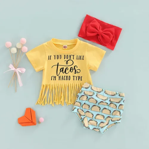 Vista 2 de MABABY - Conjunto pequeño para bebé recién nacido con flecos dobladillo con borlas ropa pequeña conjunto con diadema