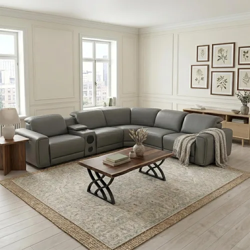 Vista 17 de Sofá seccional reclinable eléctrico, sofá de felpa beige y gris, sofá seccional con consola de almacenamiento, sofá reclinable para sala de estar