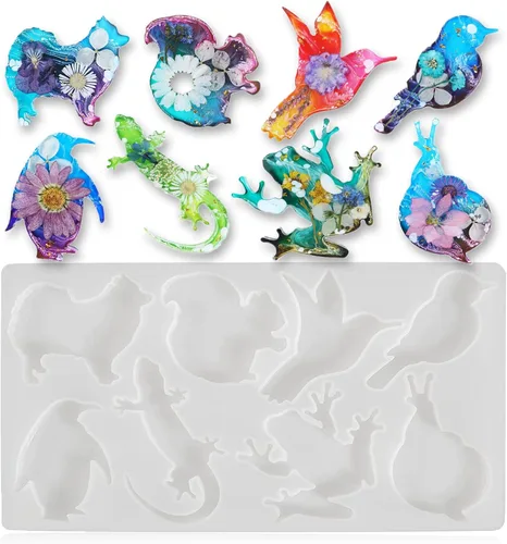 Vista 10 de Moldes de silicona de animales para resina epoxi, 8 cavidades lindos moldes de silicona en forma de animal para llavero colgante de joyería, fondant