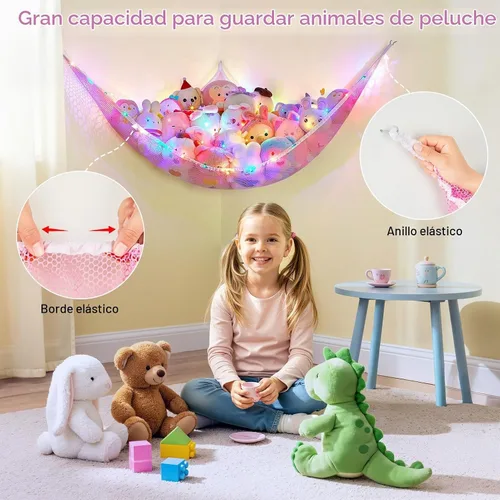 Vista 3 de Basumee Hamaca de animales de peluche con luz LED, organizador de red de juguetes de peluche, organizador de esquina para almacenamiento de animales