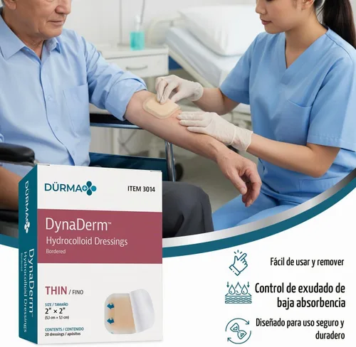 Vista 5 de Dynarex Dürma+ DynaDerm Apósito hidrocoloide - Parche estéril con bordes para heridas - Resistente al agua - Protección flexible - Delgado - 2" x 2