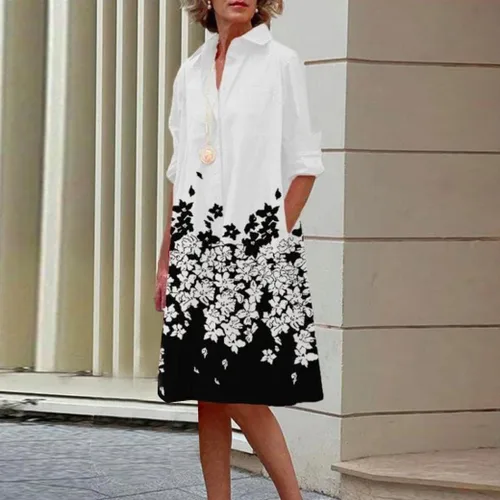 Vista 2 de Ceboyel Vestido midi de lunares para mujer, longitud hasta la rodilla, media manga, vestido casual holgado, vestido camisero, vestido elegante