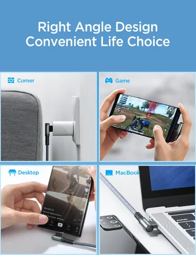 Vista 5 de AINOPE Cable USB C a USB C de 240 W de carga rápida de 1.5 pies, cable de carga rápida tipo C en ángulo recto para iPhone 16 Pro Max Plus, iPhone