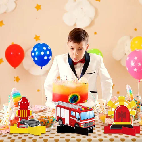 Vista 6 de Epakh 10 piezas de decoración de fiesta de cumpleaños con tema de camión de bomberos, suministros de mesa con tema de camión de bomberos, centros