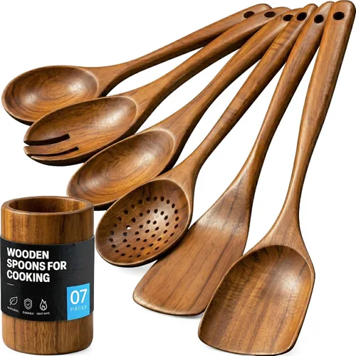 Vista 19 de Zulay Kitchen Juego de 5 cucharas de madera extragrandes - Utensilios de cocina de teca lisa - Cucharón, espátula, espumadera, tenedor, cuchara