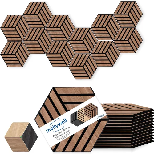 Vista 20 de Mollywell Paneles acústicos, grano de madera de PVC, azulejos de pared tallados en hexágono a prueba de sonido, fieltro autoadhesivo de alta