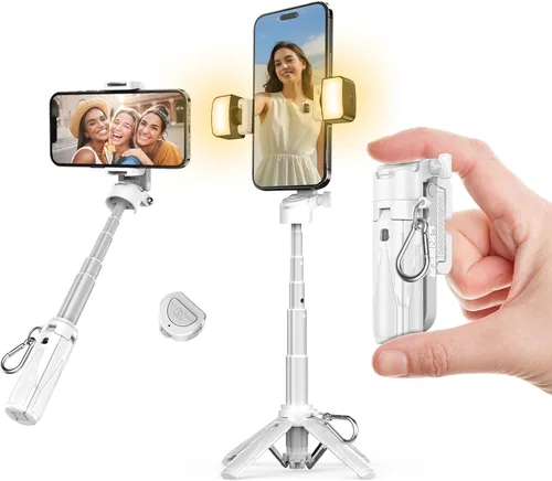 Vista 9 de Trípode portátil para selfie stick con luces de doble llenado y control remoto Bluetooth, trípode de teléfono de tamaño bolsillo 3 en 1 con 2