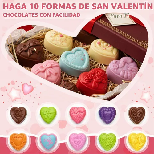 Vista 2 de HKNMTT Moldes de corazón de silicona para el día de San Valentín, 10 formas de conversación de amor, regalos de trufa, tamaño de bocado, molde