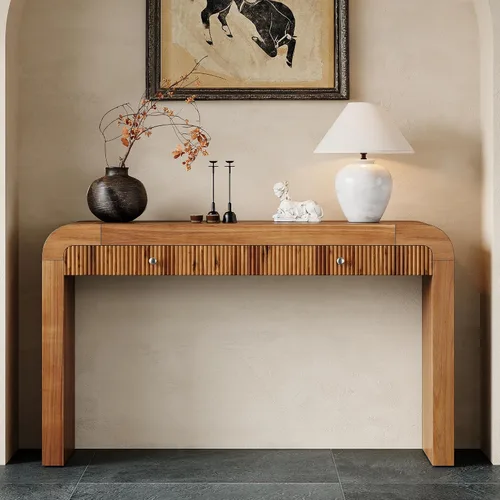 Vista 40 de 50" Modern Art Sculptural Console Table, Oval Cutout Legs, Wood Veneer, Thick Rounded Tabletop, Contemporary Entryway Sofa Table for Living Room