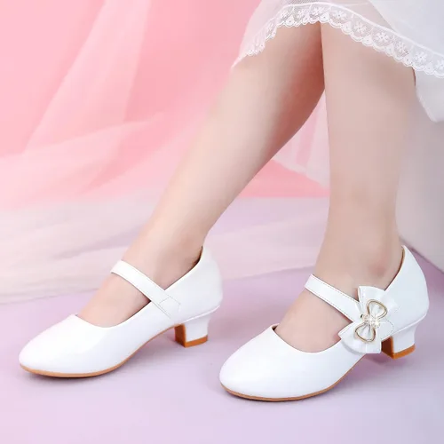 Vista 2 de Dufannie Zapatos de vestir para niñas, zapatos de tacón bajo de princesa, zapatos planos con purpurina para bodas y fiestas