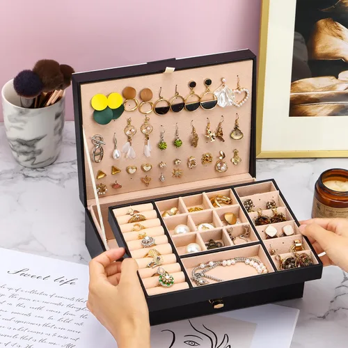 Vista 6 de Fixwal Joyero de aretes para mujeres, niñas y hombres, caja organizadora de joyas negra, caja organizadora de aretes de cuero, caja de aretes