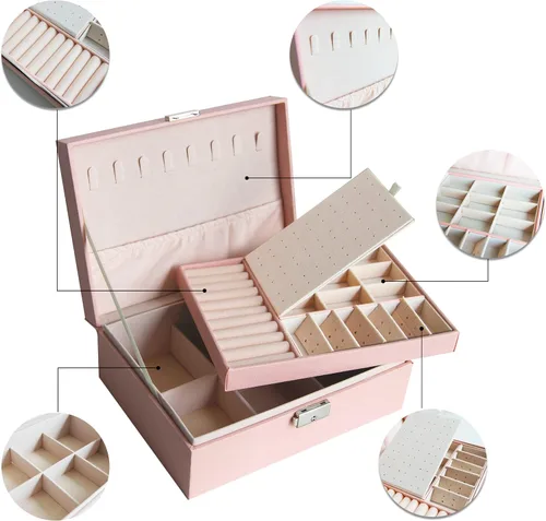 Vista 3 de Joyero organizador para mujeres y niñas joyero de doble capa con cerradura y llave almacenamiento de joyas de piel sintética con bandeja extraíble