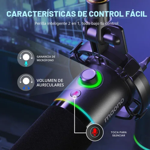 Vista 5 de MAONO XLR/USB - Micrófono dinámico para juegos RGB con software, silencio, perilla de ganancia, control de volumen y conector para auriculares