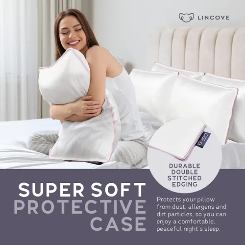 Vista 3 de Lincove Funda protectora de almohada de satén 100% algodón, funda de almohada con cremallera, 500 hilos, algodón de lujo, protector de almohada