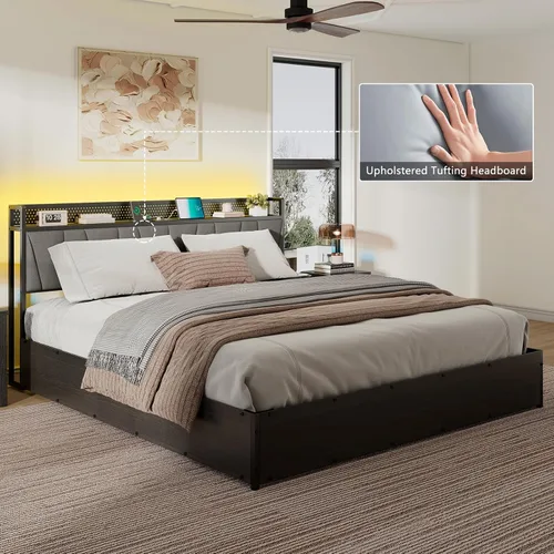 Vista 8 de LUXOAK Marco de cama de almacenamiento elevable tamaño King con luces LED, cabecera tapizada de lino con estación de carga, marco de cama de Negro