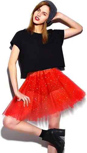 Vista 4 de Yolev Faldas tutú para mujeres y niñas adultas, falda tutú de tul elástica de 3 capas con lentejuelas y estrellas, falda de burbujas retro