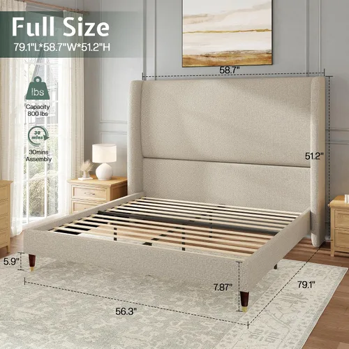 Vista 2 de Jocisland Base de Cama de Plataforma Completamente Tapizada con Cabecero Wingback de 51.2" de Alto–Patas de Madera Sólida, No Necesita Somier, Lino