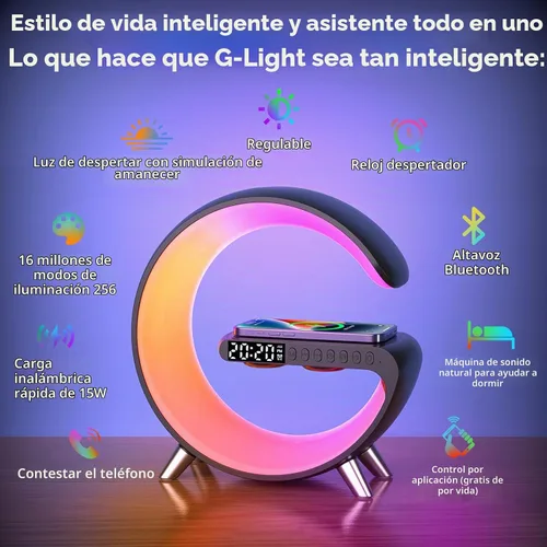 Vista 2 de 4 In 1 Smart LED Table Lamp, Alarm Clock, Bluetooth Speaker, Wireless Charger, App Control Night Light Bedside Lamp with Fast Charging Station for