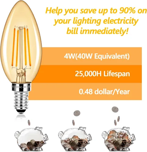 Vista 4 de E12 LED Candelabra Bulbs 40 Watt Equivalent, 4W Vintage Candle Light Bulbs Dimmable, 350Lm Amber Warm White 2200K B10 Edison Bulb, Filament Clear