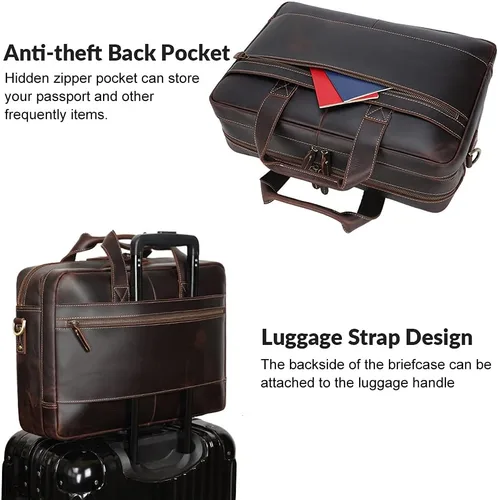 Vista 4 de TIDING Maletín de cuero genuino de 17 pulgadas para portátil de mensajero para hombres de negocios de viaje bolsa de hombro