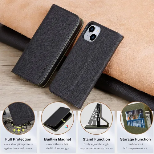 Vista 7 de VISOUL Funda tipo cartera de piel auténtica para iPhone 14, con tapa magnética, con tarjetero y función atril, compatible con iPhone 14
