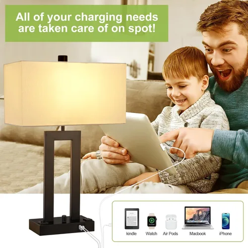 Vista 4 de Juego de lámparas de mesa modernas de 2 a 22 pulgadas de alto con puertos de carga USB-C/USB-A y tomacorriente, tela regulable continua, lámparas
