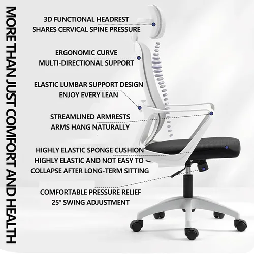 Vista 7 de Ergonomic Computer Desk Office Chair with Latex Cushion and Backrest - Comfortable Adjustable Gaming Chair for Work, Study and Relaxation in
