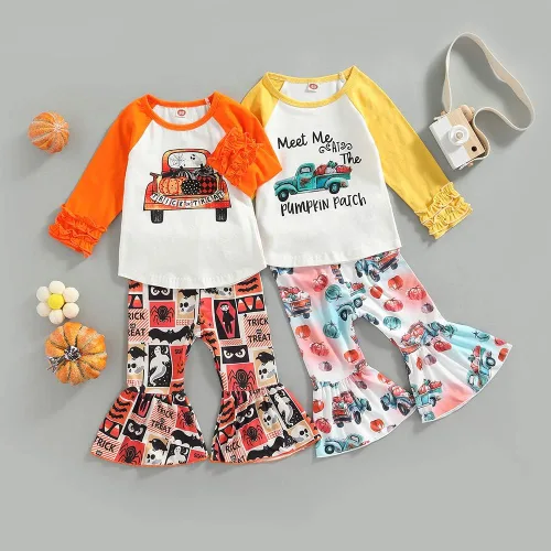 Vista 7 de Douhoow Traje de Acción de Gracias de Feliz Halloween para bebé, niña, camiseta de calabaza, camiseta acampanada, pantalones de leopardo