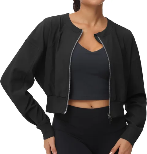 Vista 4 de THE GYM PEOPLE Chaquetas cortas para mujer, con cremallera completa, manga larga, acanaladas, sudaderas de entrenamiento, ligeras, casuales