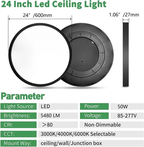 Vista 3 de Lámpara de techo LED empotrada grande de 24 pulgadas, 50W, 5480LM, 3000K/4000K/6000K CCT seleccionable, luminaria de techo de panel plano redondo