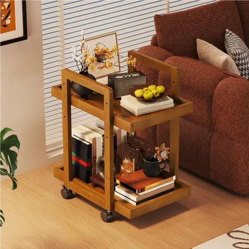 Vista 2 de Mobile Coffee Table, Wood Frame Side Table, Storage Table with Universal Wheels, 2-Tier End Table for Living Room, Bedroom, Small Space
