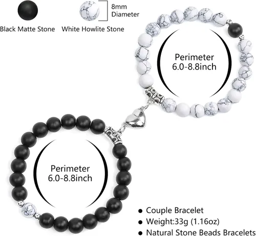 Vista 2 de FLYEMMET 2Pcs Attract Magnetic Couple Bracelets for Women Men, Distance Matching Relationship 8mm Beads Couples Friendship Bracelet Jewelry Set for